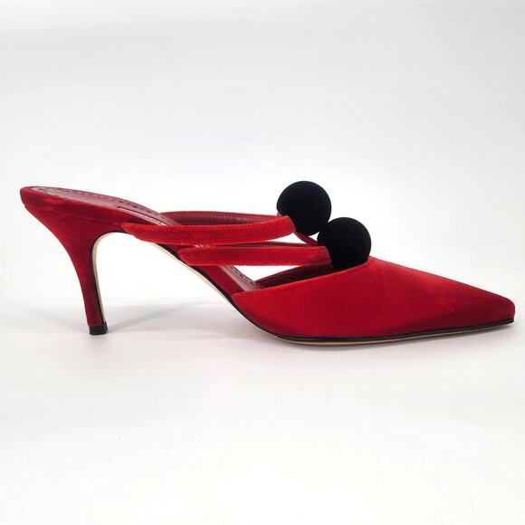 Manolo Blahnik Red Velvet Pom Pom Mule Heels 37.5 (US 6.5-7) - Picture 3 of 15